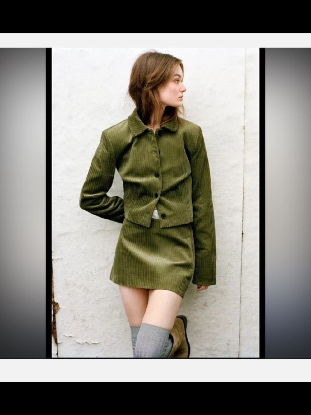 Zara cute olive green corduroy skirt suit